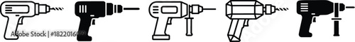 Power drill icons set, versatile vector symbols for construction, diy, repair, and engineering projects, illustrating diverse tool types. Vector