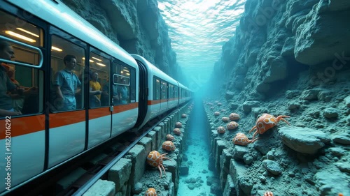 Modern train moves through underwater tunnel with glowing lights, aquatic plants and coral on sides, turquoise filtered light and city visible behind glass. Concept of urban transport innovation