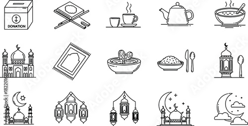 Hand drawn sketch illustration of ramadan and islamic celebration elements