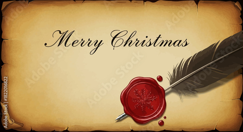 Charming Merry Christmas greeting on aged parchment with quill pen and festive wax seal for vintage holiday designs and heartfelt seasonal messages