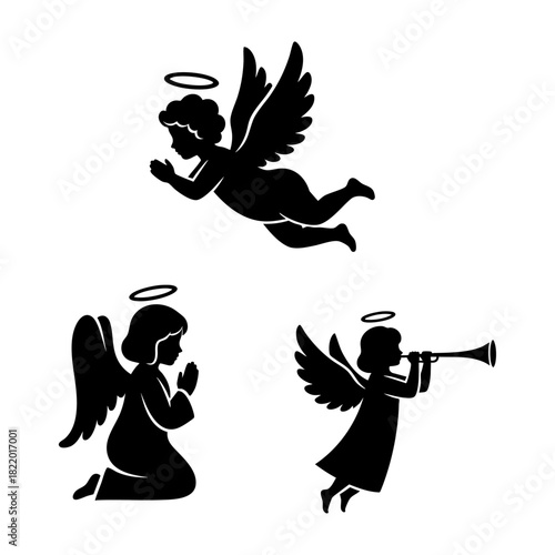 Christmas Angels and Cherubs Three Element Silhouette Vector Set