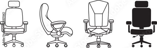 Diverse collection of modern office chairs, including ergonomic, executive, and swivel designs with rolling casters for optimal comfort and support. Vector