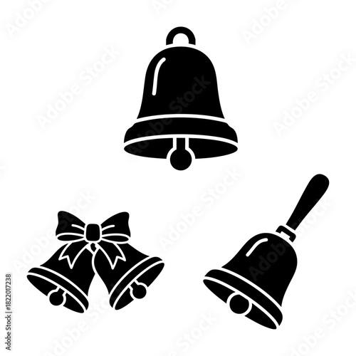 Christmas Jingle Bells and Hand Bells Three Element Silhouette Vector Set