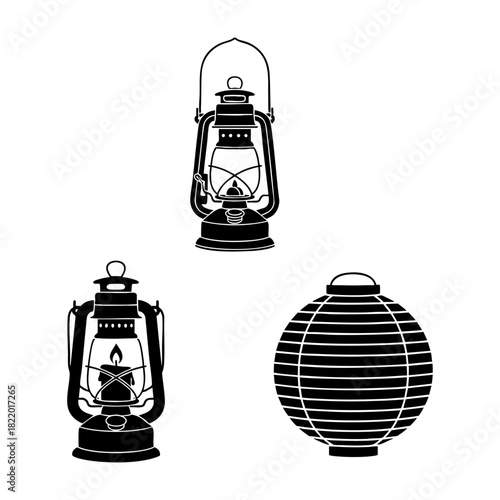Vintage Lanterns and Street Lamps Three Silhouette Vector Icons