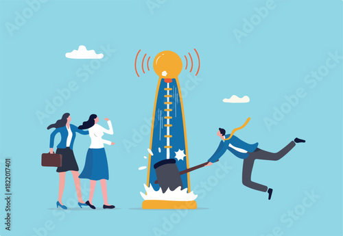 Strength tester for performance evaluation, KPI key performance indicator to measure success, achievement or winning score concept, businessman hit strength tester with big hammer to reach top.