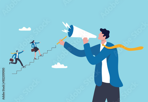 Business coaching or mentor to improve employee skills, performance and leadership, motivate people, advice or guidance for success concept, employees walk up stair created by coaching businessman.