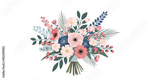 Beautiful and elegant wedding bouquet illustration with pink and blue flowers, green leaves, and red berries, isolated on a white background.