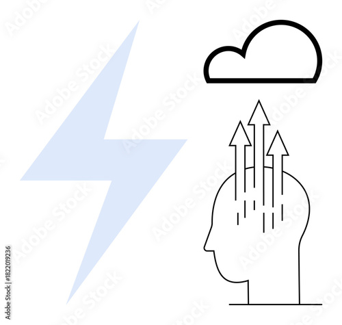 Productivity concept. Silhouette of a head with upward arrows growth. Cloud and lightning bolt elements ideas and energy. For innovation, brainstorming, creativity, goal setting, motivation
