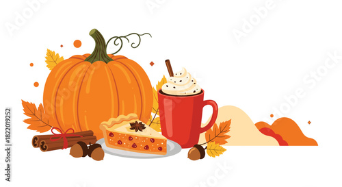 Autumn Thanksgiving still life illustration with a large pumpkin, a slice of pie, and a mug of pumpkin spice latte with whipped cream.