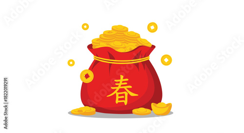 Chinese New Year illustration of a red money bag filled with gold coins, with ingots and the character for 'Spring' on the front.