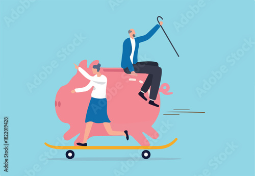 Retirement planning, success investment in 401K, Roth IRA or retirement pension fund concept, happy elderly couple senior man riding huge piggy bank with his wife on fast growth skate board