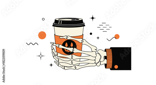 A skeleton hand holding a takeaway coffee cup with a pumpkin design, representing a spooky Halloween or autumn-themed beverage.