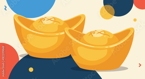 Illustration of two traditional Chinese gold ingots, symbolizing wealth and prosperity, set against a colorful abstract background.