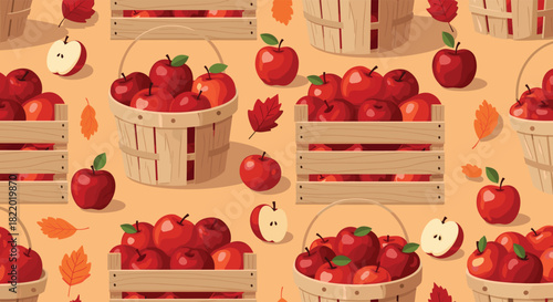 Autumn harvest seamless pattern with wooden baskets and crates full of fresh red apples and scattered fall leaves on an orange background.