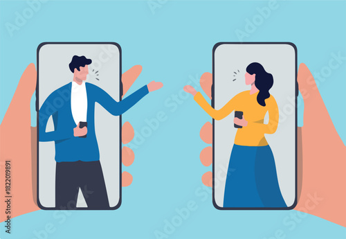 Video conference during COVID-19 Coronavirus outbreak, people using technology work at home remotely concept, man and woman teammate working remotely using smartphone or mobile phone for meeting