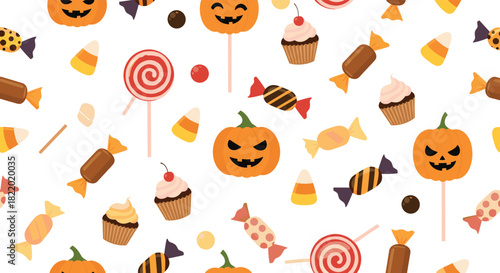 A fun and festive seamless pattern for Halloween featuring jack-o-lanterns, lollipops, candy corn, cupcakes, and other sweet treats.