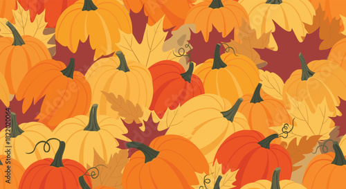 Seamless autumn background pattern completely filled with a variety of orange and yellow pumpkins, gourds, and fall maple leaves.