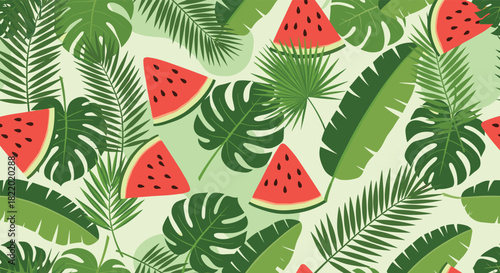 A vibrant seamless summer pattern with slices of red watermelon and various green tropical palm and monstera leaves on a light background.
