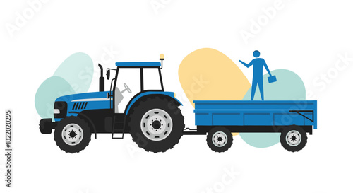 A modern flat illustration of a blue farm tractor pulling a trailer with a stylized person standing in the back, against abstract shapes.