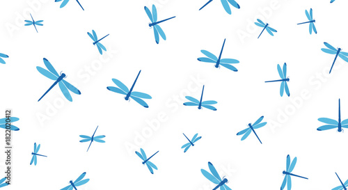 Simple and elegant seamless pattern with blue dragonflies scattered across a clean white background, creating a light and airy feel.