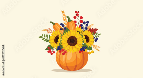 Beautiful autumn centerpiece illustration featuring a pumpkin vase filled with sunflowers, wheat, and colorful fall berries and leaves.