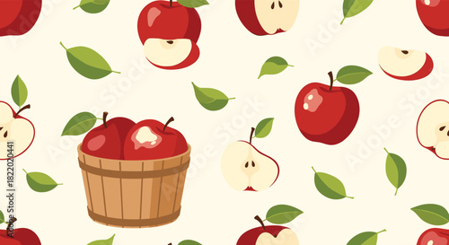 A fresh and fruity seamless pattern with whole red apples, apple slices, green leaves, and a wooden basket of apples on a light background.