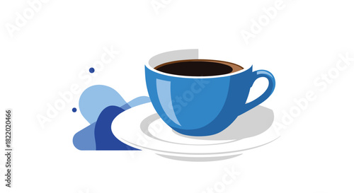 A modern and simple graphic illustration of a blue coffee cup and saucer with an abstract blue splash, isolated on a white background.