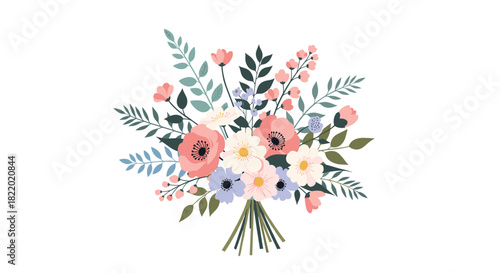 Elegant and beautiful wedding bouquet illustration with pink and blue flowers, lush green leaves, and berries, isolated on a white background.