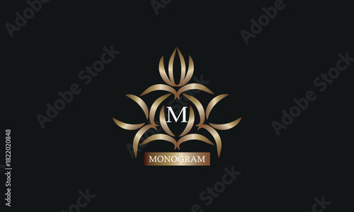 Elegant monogram design template with letter M in the center and place for text. Company brand design, emblem, invitation, label, business sign.