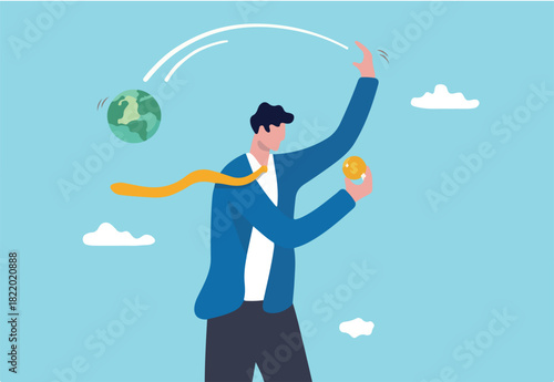 Irresponsible business destroy the world, climate change or global warming causing by big company, greedy businessman company owner happy holding precious money coin while throw away planet earth