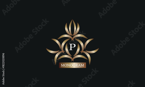 Elegant monogram design template with letter P in the center and place for text. Company brand design, emblem, invitation, label, business sign.