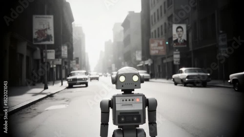 A retro robot walks along a busy city street among vintage cars and a blurry crowd, monochrome urban background and tall buildings. The concept of artificial intelligence in a retro landscape