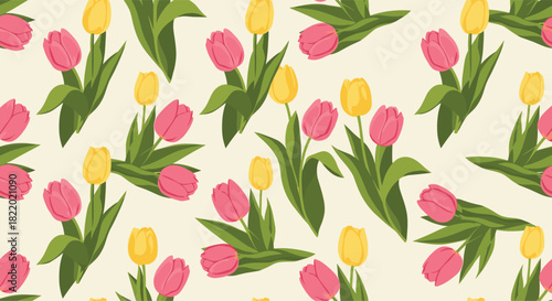 A lovely seamless spring floral pattern with bouquets of pink and yellow tulips with green leaves scattered on a light beige background.