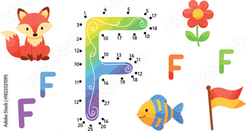 Letter F dot-to-dot activity—fox, flower, fish, flag, and colorful alphabet visuals