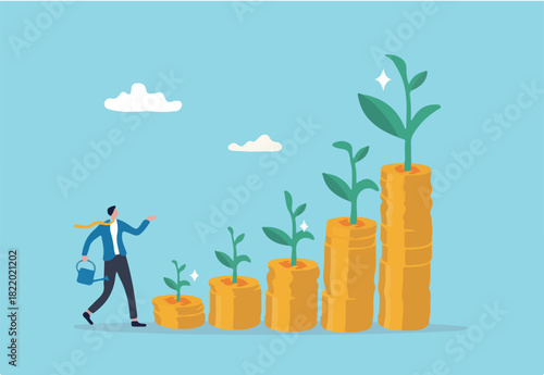 Saving growth, growing investment or earning profit, mutual fund, wealth accumulation or compound interest, pension fund prosperity concept, businessman watering growing coin stack seedling growth