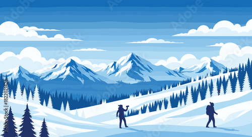 A beautiful winter mountain landscape with two hikers trekking through the snow, surrounded by pine trees under a cloudy blue sky.