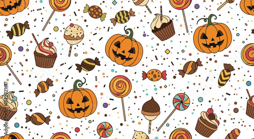 Festive Halloween seamless pattern with hand-drawn jack-o-lanterns, cupcakes, lollipops, and candies scattered with colorful confetti.