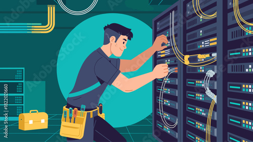 it specialist working on a server rack, vector illustration for data center maintenance and network administration