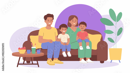 happy family of four sitting together on a couch vector illustration 