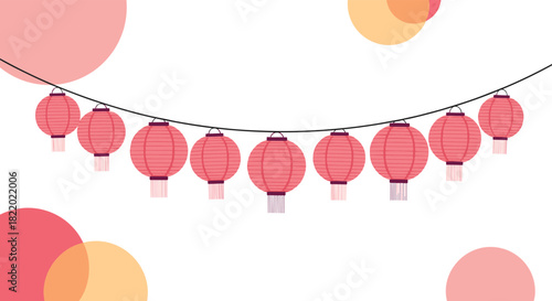 A festive string of pink Chinese paper lanterns hanging against a white background with decorative abstract pink and yellow circles.