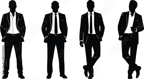 Corporate Men Posing, Executive, Manager, Boss, Professional Leadership, Black and White Vector Illustration.