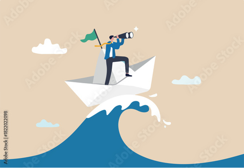 Vision to see opportunity, leadership to lead to success, search for challenge, look for goal, strategy to win business concept, businessman leader look through binocular on the ship in storm ocean