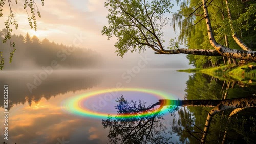 Soft sunlight reflects on calm lake water with a vivid rainbow halo and misty forest background, tree branch overhanging in the foreground. Magical natural phenomena atmosphere
