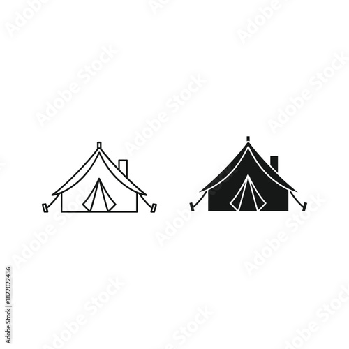 Two simple tent icons one outline and one solid black silhouette