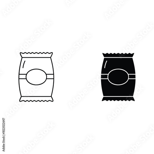 Two stylized icons of a snack bag one in outline and one in solid black