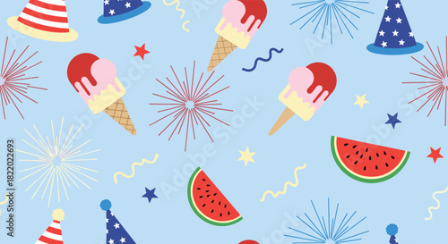 A fun seamless pattern for the 4th of July with ice cream cones, watermelon slices, party hats, and fireworks on a blue background.