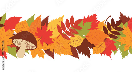 A seamless horizontal autumn border composed of a thick layer of colorful fall leaves from various trees and a single mushroom.