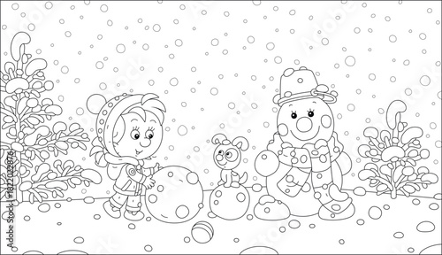 Happy little girl with a puppy making a funny snowman with a striped scarf and a bucket on its friendly smiling head on a beautiful snowy day in a winter park, black and white vector cartoon