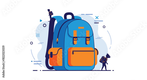 A modern graphic illustration of a large blue and orange school backpack with tiny figures of students walking around it.