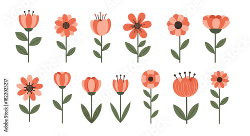 A beautiful set of twelve stylized coral-colored flowers with green stems and leaves, isolated on a clean white background.